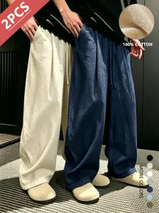 2-pack men’s summer casual long pants, 100% cotton linen, loose straight cut, skin-friendly breathable fabric, suitable for both men and women, SummerWins