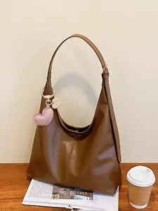 Large Capacity Women's Fashion Shoulder Bag, Simple Style Commuter Tote, Handbag for All Seasons, Solid PU Leather Satchel