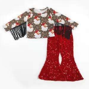 Christmas Leopard Santa Red Sequin bell Pants Girls set