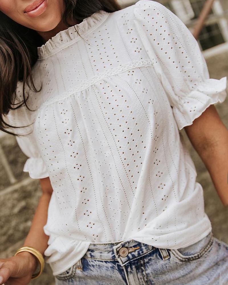 ChicMe Women's Elegant Eyelet Mock Neck Puff Sleeve Blouse Casual Summer Hollow Out Embroidered Pullover Top
