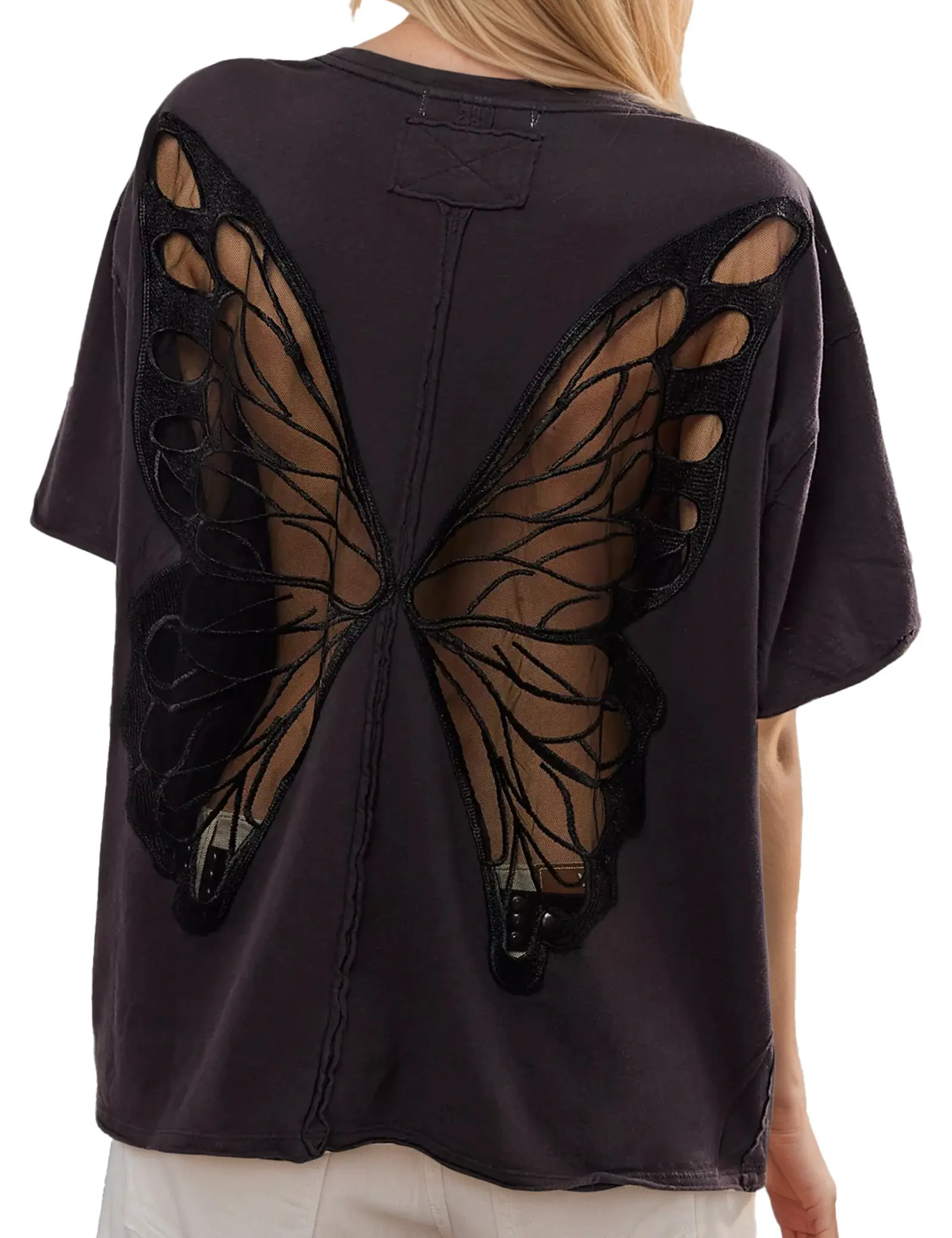 Women's Gothic Butterfly Graphic Top with Sheer Lace Short Sleeves, Comfortable Oversized Fit, Light Fabric for Streetwear, Shortsleeve, Cutout, Embroidered, Tshirt, Casual