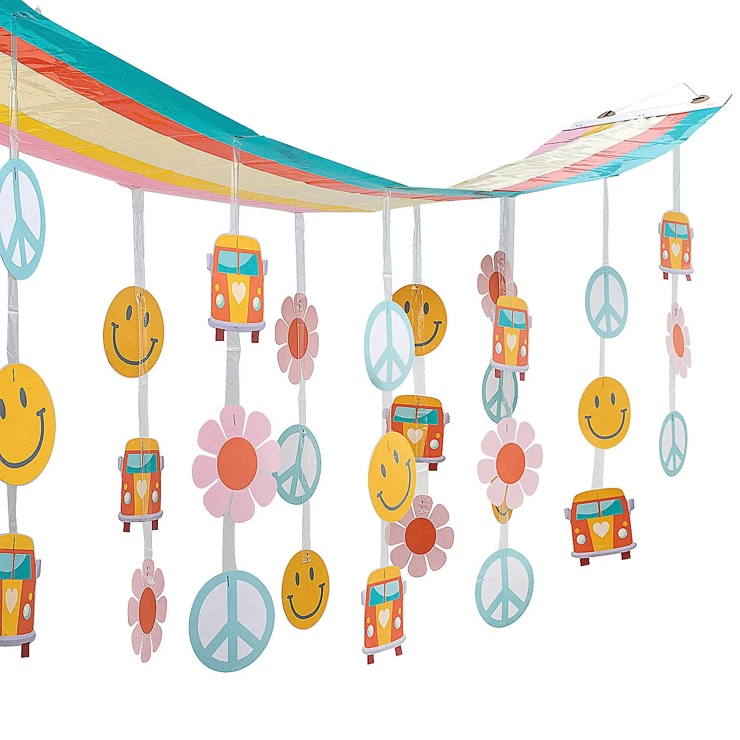 12 ft Plastic Foldable Hanging Ceiling Banner - Funky Groovy Retro 60s-70s Playful Design (Smile Face, Bus, Flower) - Easy-Install Home & Birthday Party Decor, One Piece