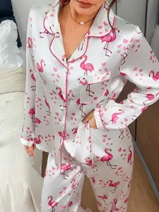Women's Casual Pajama Set, Long Sleeve Button Front Top, All over Print Flamingo, Loose-Fitting, Ideal for All Seasons, Comfortable Sleepwear