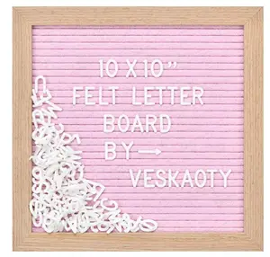 Felt Letter Board with 294 Letters, Numbers & Symbols - 10 x 10 inch Changeable Message Board with Wooden Frame Wall Mount Hook, Pink & Wood