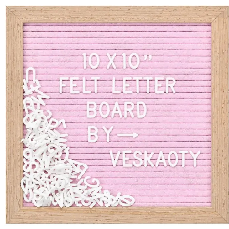 Felt Letter Board with 294 Letters, Numbers & Symbols - 10 x 10 inch Changeable Message Board with Wooden Frame Wall Mount Hook, Pink & Wood