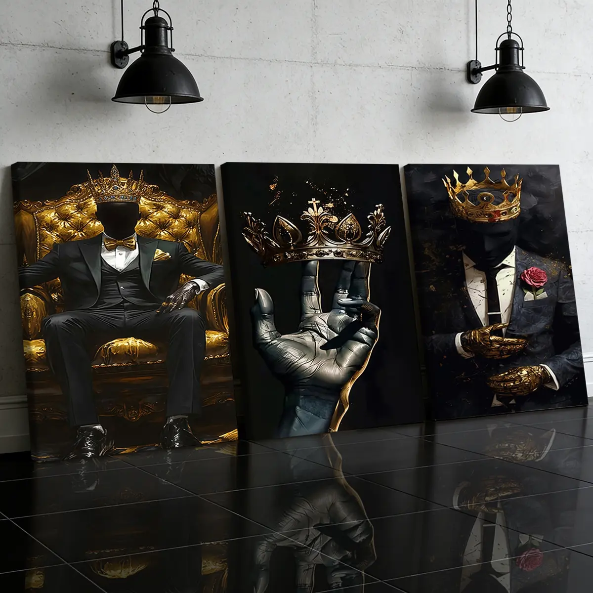 3 Counts Wooden Framed Canvas Painting, Golden Crown King Abstract Art Images, Exquisite Poster, Perfect Living Room Decoration, Modern Home Decor, Modern Art, Fashion Family Poster, Wall Art Decoration, Waterproof Art, Abstract Design 3 Counts Wooden Framed Canvas Painting, Golden Crown King Abstract Art Images, Exquisite Poster, Perfect Living Room Decoration, Modern Home Decor, Modern Art, Fashion Family Poster, Wall Art Decoration, Waterproof Art, Abstract Design