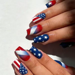 Independence Day American Flag Nail Art, Nail Decoration, Blue Gradient Design, Fashion Medium Long Square Fake Nails, Easy Wear, 24 Pcs Set