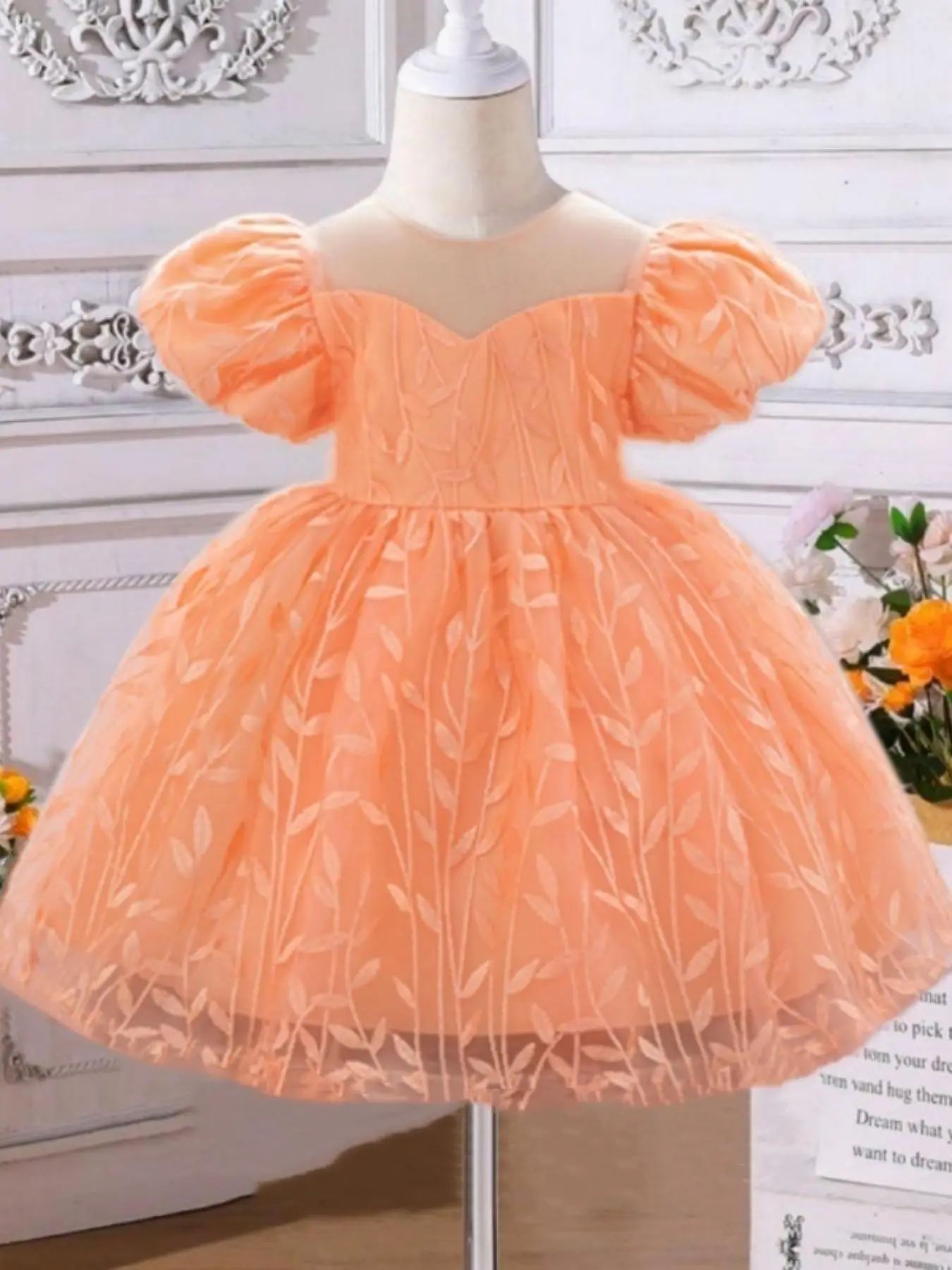 Girl's Solid Leaf Embroidery Big Bow Decor Tulle Dress, Cute Puff Sleeve Round Neck Zipper Back A Line Dress for Party Wedding Guest, Kids Summer Clot