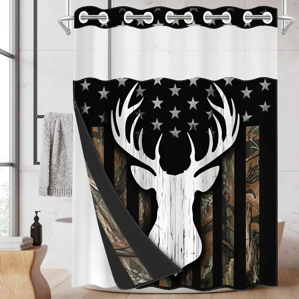 1pc hookless Modern shower curtain with buckle lining, black and white deer head camouflage design, 2D printing, fabric waterproof lining, shower curtain liner, double-layer shower curtain, 71 x 74 inches, Decorative shower curtain, Bathroom Decor