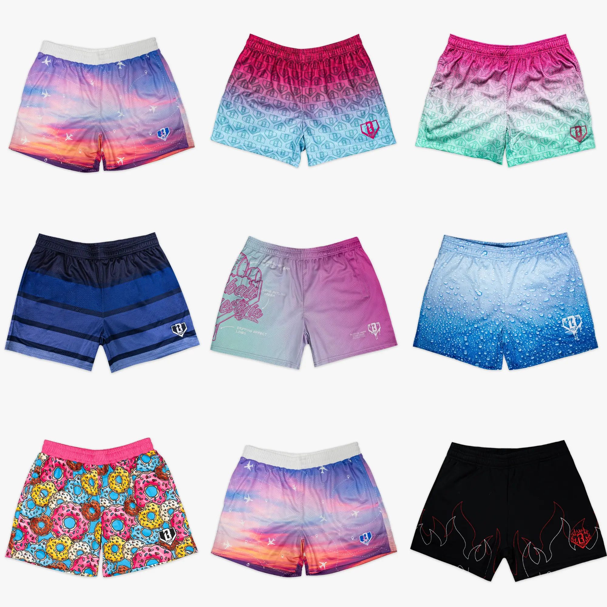 [ Baseball - Lifestyle - 101 Mesh Short ] Gradient & Graphic Mesh Sports Shorts - Breathable Sunset Sky, Donut Print & Flame Basketball Shorts with Pockets, Men's Summer Streetwear Activewear