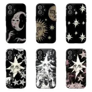 Dark Celestial Art Phone Case|Vintage Moon, Sun & Star Faces on Black Background Shockproof Cover For iPhone 17 Pro Max 16 15 14 13 12 11 | Occult Astrology Witchy Era Vibe | Whimsigoth Tarot Card Aesthetic | Premium Solid Polycarbonate