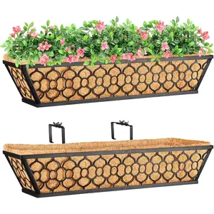 2 Pack 24 Inch Window Boxes Planters with Coco Liner, Metal Deck Railing Planter Boxes, Balcony Planters Railing Hanging, Horse Trough Window Flower Planter Boxes for Outdoor Porch Fence Patio