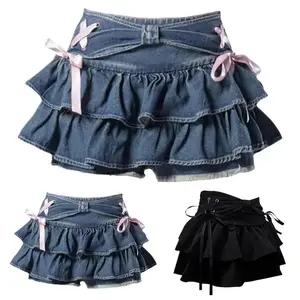 Tie Bow Y2k Skirt Preppy Style Korean Low Waist Layering Large Size Denim Pleated Skirt Women's Harajuku Vintage A-Line Skirt Cute Blue Womenswear Bottom?? Basic?? Minimalist?? Comfort?? denim skirt?? outfits