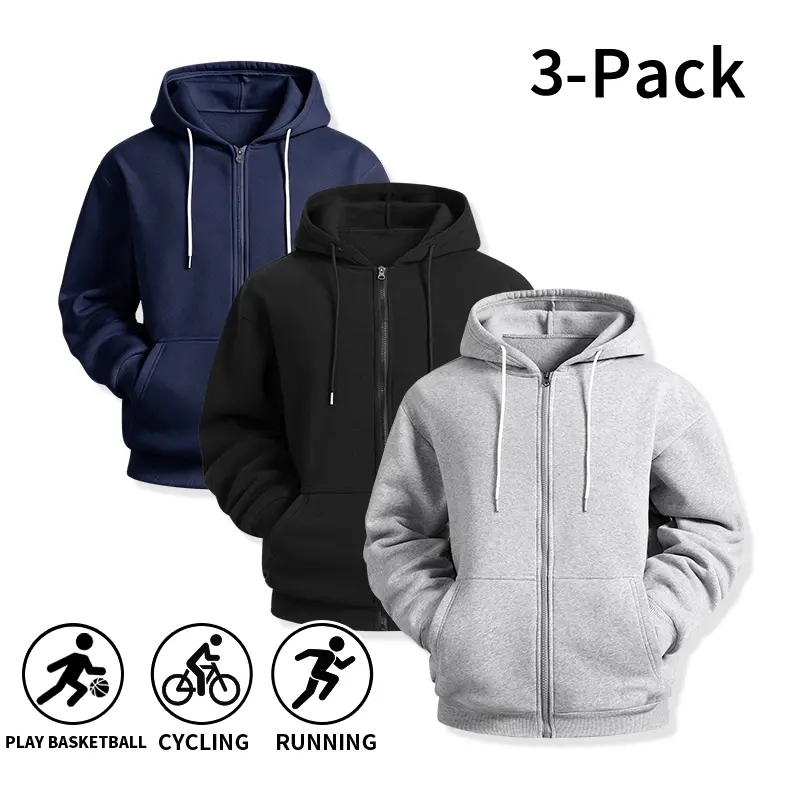 Men's 3-Pack Solid Full-Zip Hoodies Set, Soft Fleece Fabric Menswear Tops with Drawstring, Kangaroo Pocket & Zipper Closure, Athletic Hooded Jackets for Basketball, Cycling, Sports, Plain