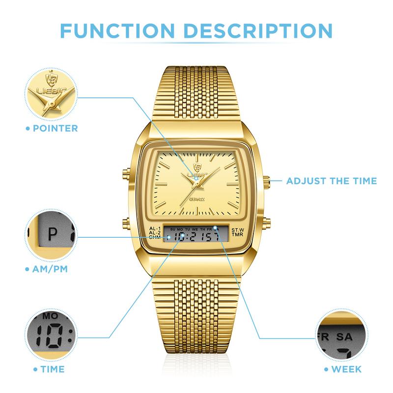 LIEBIG watches for men 34.5mm x 40mm x 10.5mm case 3ATM waterproof and scratch resistant mirror dual time zone fashionable gold watch multifunctional timing alarm clock digital sports watch couple's New Year gift