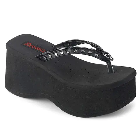 Demonia Funn-33 Black Vegan Leather Platform Slingback Heeled Sandals - Women's Alternative Casual Comfy Stud Footwear, Fashionable Edgy Look Shoes