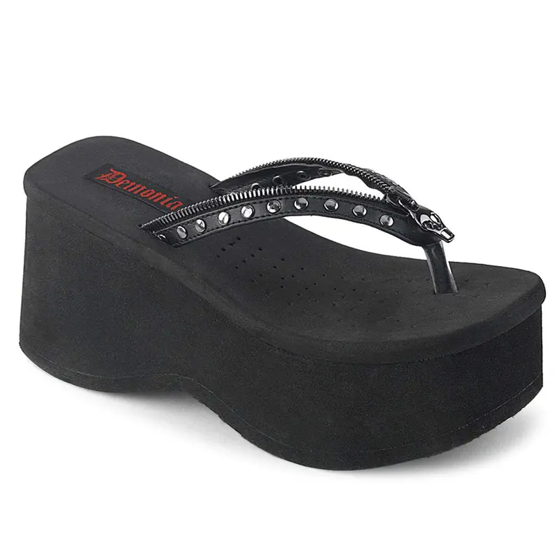 Demonia Funn-33 Black Vegan Leather Platform Slingback Heeled Sandals - Women's Alternative Casual Comfy Stud Footwear, Fashionable Edgy Look Shoes