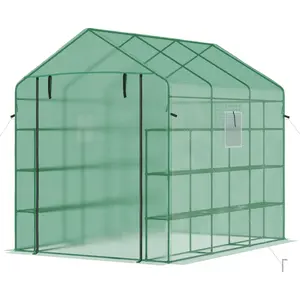 Outdoor Walk-in Greenhouse 8x6x7 FT Green with 4-Tier Shelves & 18 Slots Organize Plants, Roll-Up Double-Layered Mesh Door, Mesh Windows for Cross Ventilation, PE Cover UV-Protected, Steel Frame Durable, Great for Vegetables and Flowers
