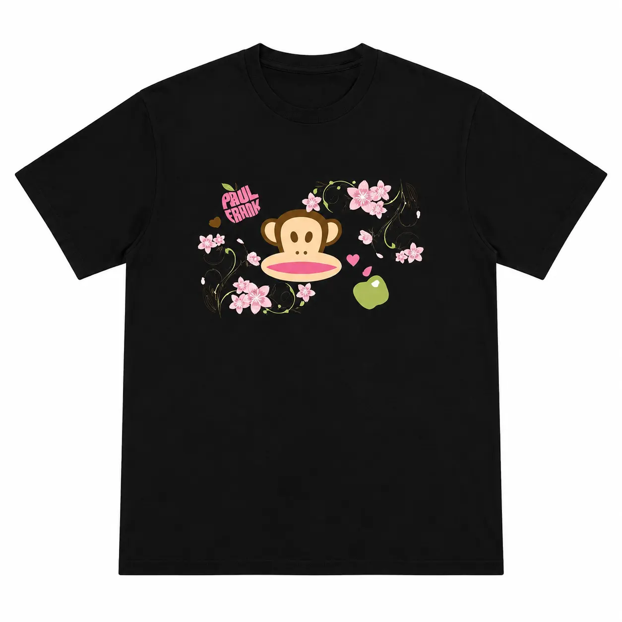 Paul Frank Julius Monkey Cherry Blossom Baby Tee Women Y2k Streetwear Graphic Printed Fitted Casual Short Sleeve Top