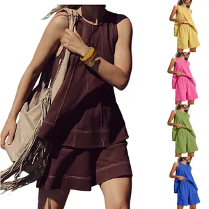 Kingapril Women's Two Piece Outfit Cotton Matching Set A-Line Sleeveless Tank Tops and High-Waist Shorts with Pockets Breathable Clothes