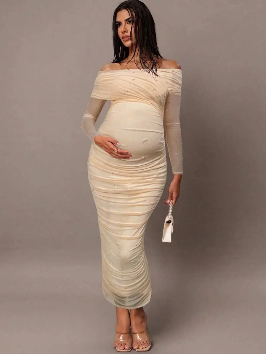 AUSTIN Maternity Elegant White Open Shoulder Pearl Decorated Ruched Slim Fit Maxi Dress, Romantic For Party, Date Or Valentine's Day, Summer Dresses For Women, Maternity Maternity Photoshoot Dress Bump Friendly Dress Pregnancy Clothes Long Mat