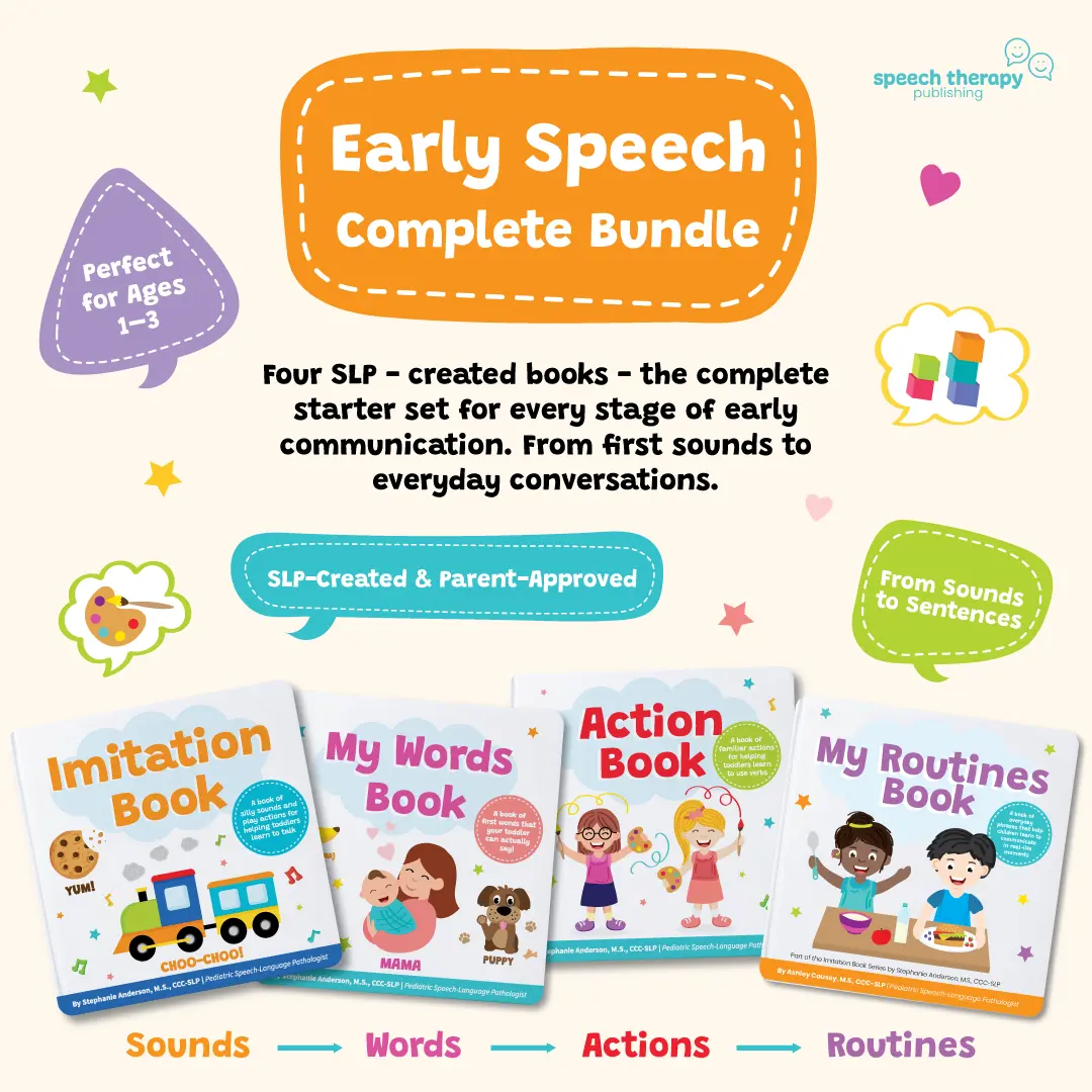 Early Speech Complete Bundle - 4 Interactive Toddler Board Books, Written by a Pediatric Speech Therapist, Focused on Sounds, Actions, First Words, Daily Routines