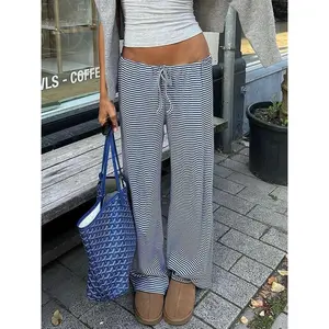 Women's Striped Print Drawstring Waist Straight Leg Pants, Casual Comfy Drop Waist Trousers for Daily Wear, Ladies Bottoms for Summer