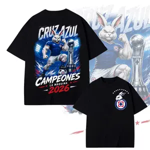 Cruz Azul 2026 Campeones Rabbit T-Shirt - La Máquina Trophy Graphic, Liga MX Soccer Fan Top, Shortleeve Round Neck Stylish Casual Double-Sided Black Streetwear Apparel,summerwins