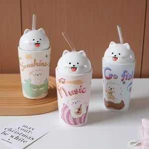110 Samoyed Ceramic Mug with Lid & Straw, Cute High-Value Water Cup for Girls