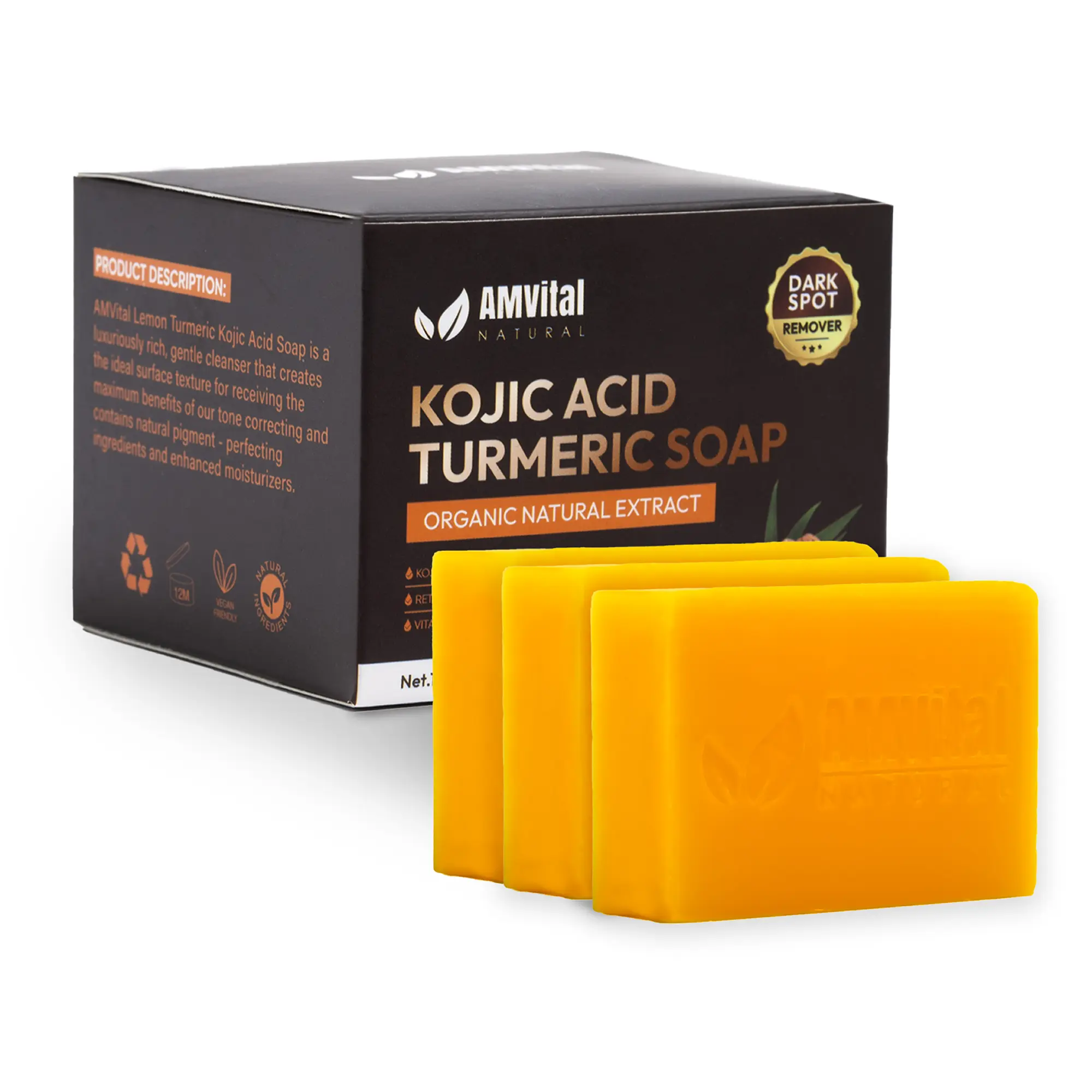 AMVital Turmeric & Kojic Acid Bar Soap, Foaming Brightening Face & Body Cleanser, Scented Vegan Formula for All Skin Types, 3-Pack Self Care Gift Set (100g)