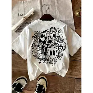 100% Cotton Black and White Checkered Unisex T-shirt with Mushroom, Smile Flower Prints for Casual Wear