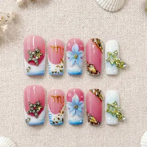 Divineluxe Nails｜10PCS 100% Handmade Press-On Nails｜Reusable Colorful Art Acrylic Stylish｜Luxury Y2K Star｜D146 1.0 Inch