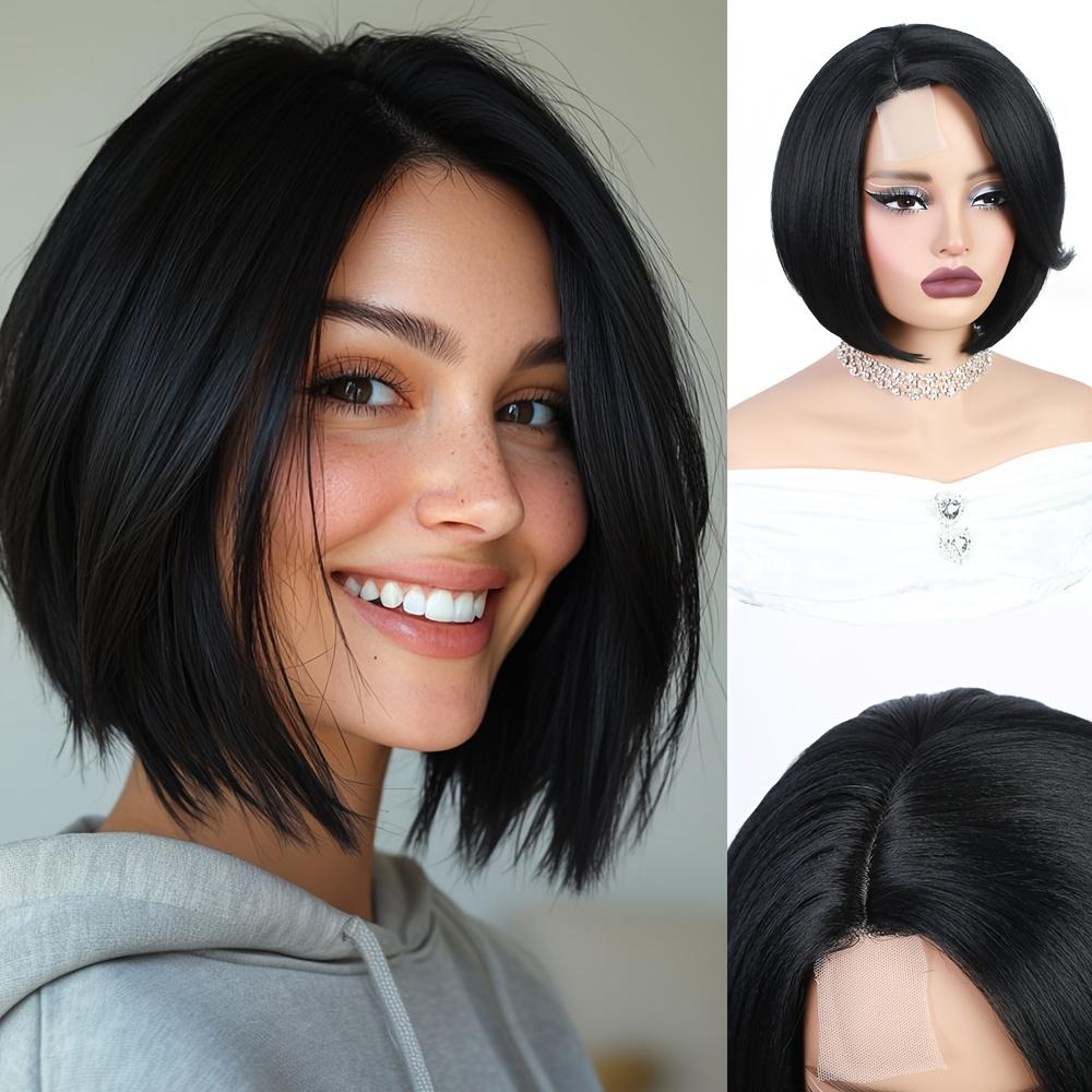 Synthetic Short Bob Wig with a 4X1 Lace Side Part, Designed for Women. This Straight Black Wig Is Heat Resistant And Suitable for Everyday Wear, Parties, Or Cosplay
