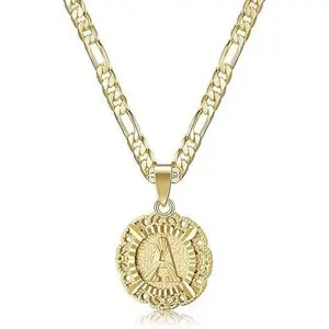 14K Yellow Gold Plated Initial Necklace with Round Letter Pendant, Capital Monogram Alphabets A-Z, Unisex Casual Accessory
