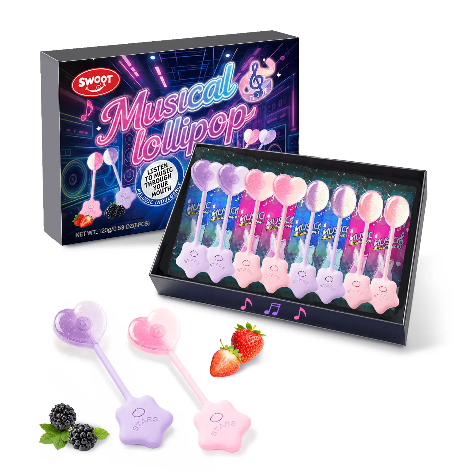 SWOOT Music Lollipop Candy Suckers – TastySounds Audio Hip Hop Singing Lollipop, Assorted Fruit Flavors, Sugar-Free, Low-Calorie Snack, 8-Pack Gift Box campingessentials