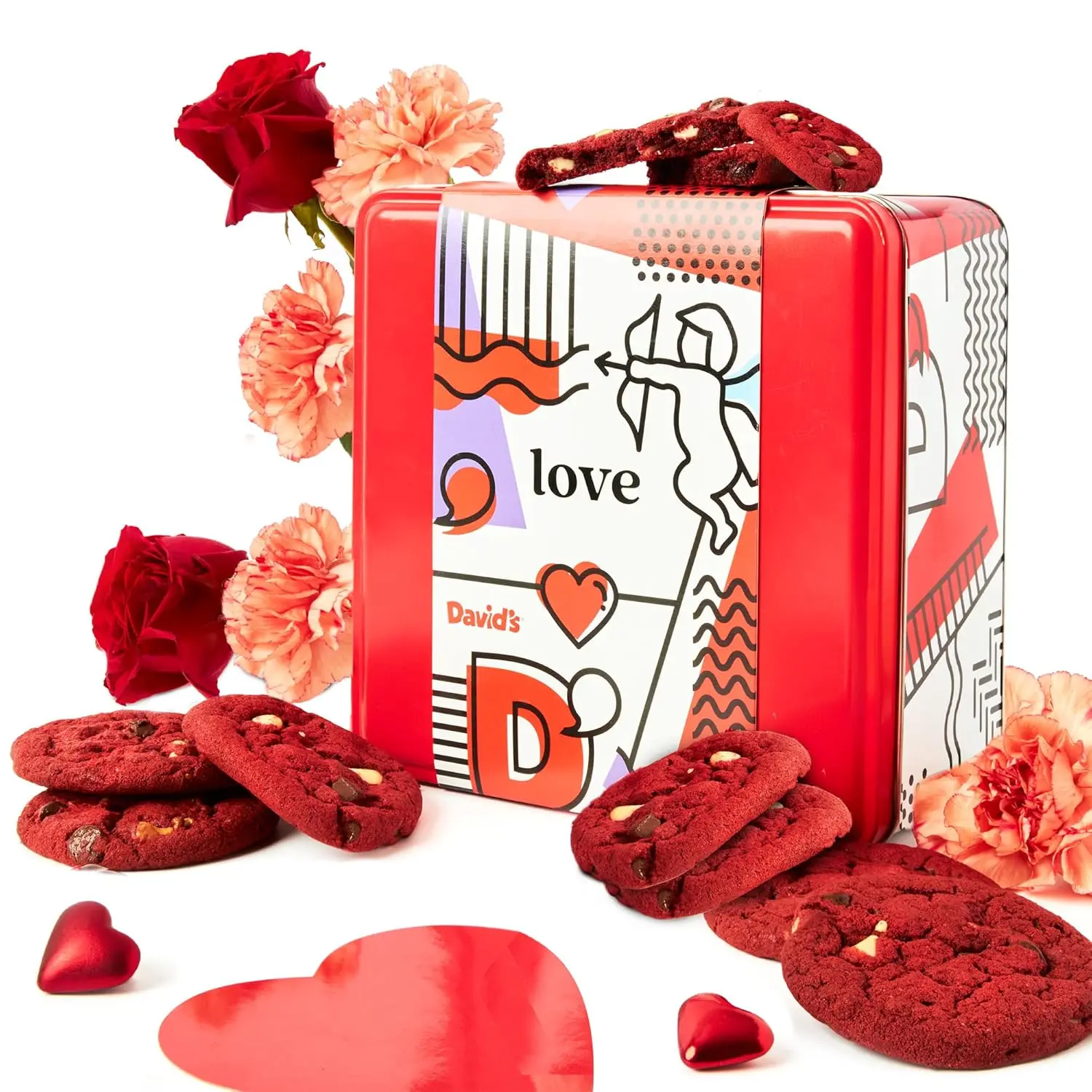DAVID'S COOKIES Red Velvet Cookies - 24pc Reusable Tin, Freshly Baked Gourmet Snack, Sweet Treats - Perfect for Anniversary Gifts, Romantic Gestures for Loved Ones