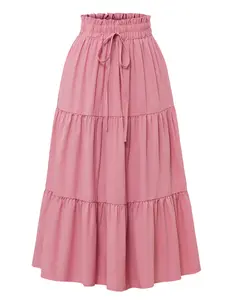 Boho High-Waisted Fishtail Skirt, Plain Color Solid A-Line Midi Dress, Layered Ruffle Hem, Casual Long Skirt for All Seasons