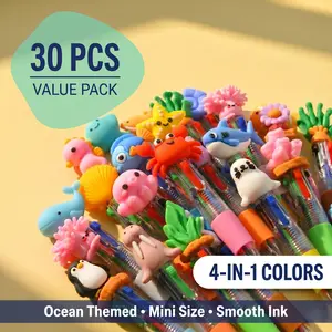 30 Pack Ocean Pens, 4 in 1 Multicolor Ballpoint Pens with Cute Festive Designs, Mini Bulk Multicolor Pens for School, Office & Home Writing Supplies