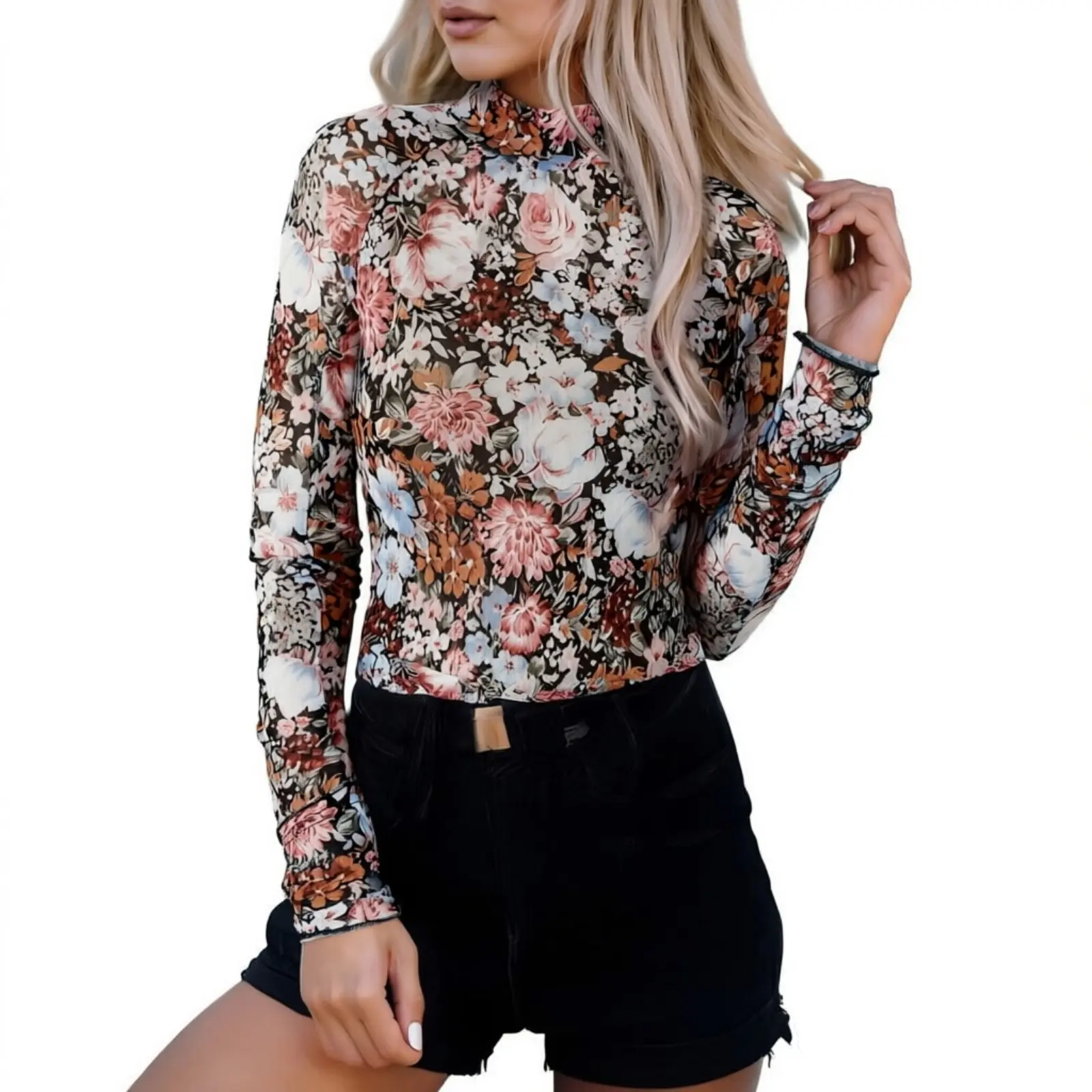 Asvivid Women's High Neck Long Sleeve Floral Lace Sheer Mesh Blouse, Elegant Fall Outfit Top Spring Fashion