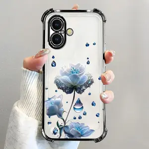 For [iPhone 16 Plus] luxury women's phone case🥰, electroplated four-corner shockproof protection, crystal clear blue flower with water drop design, sophisticated and eye-catching666