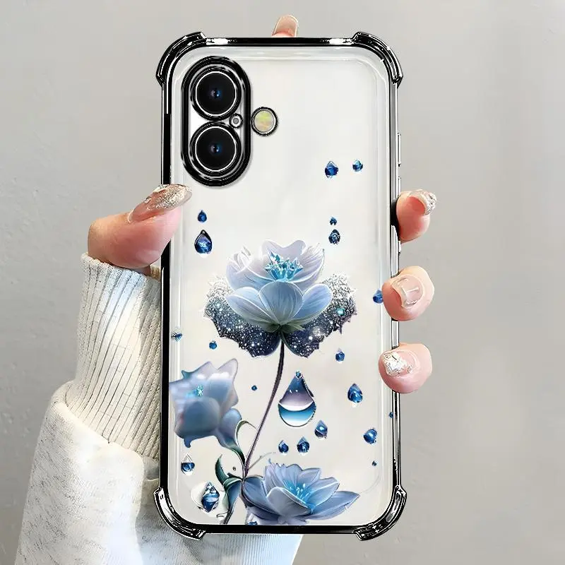 For [iPhone 16] luxury women's phone case🥰, electroplated four-corner shockproof protection, crystal clear blue flower with water drop design, sophisticated and eye-catching666
