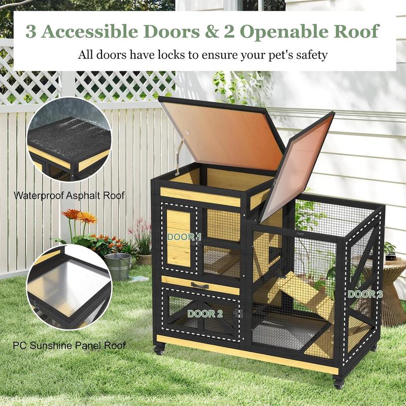 TIMHAKA 46.7" Elevated Rabbit Cage with Run Indoor & Outdoor Use Wooden Design 2 Removable Tray Waterproof Roof 4 Metal Wheels for Small Medium Animals