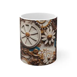 Steampunk Coffee Mug 11oz, Vintage Industrial Tea Cup, Unique Rustic Espresso Drinkware, Retro Mechanical Gift, Kitchen Decor Ceramic Stylish