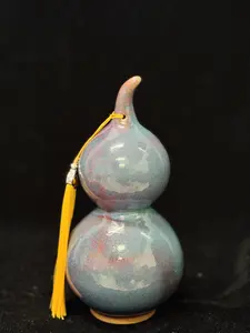 Handmade Chinese Jun Porcelain Gourd Vase with Tassel, Vintage Kiln-Fired Glaze Ceramic Vase, Lucky Asian Art Home Decor