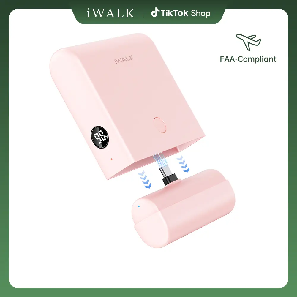 iWALK Multifunctional Power Bank, 13500mAh Compact Mobile Accessories with 4500mAh Mini Battery & 9000mAh Base Unit, USB-C In/Out Fast Charge for iPhone 16/15/14/13 Series, iPad, AirPods, Samsung Galaxy, Google Pixel, Pink Cable Connector, Charger, Portab
