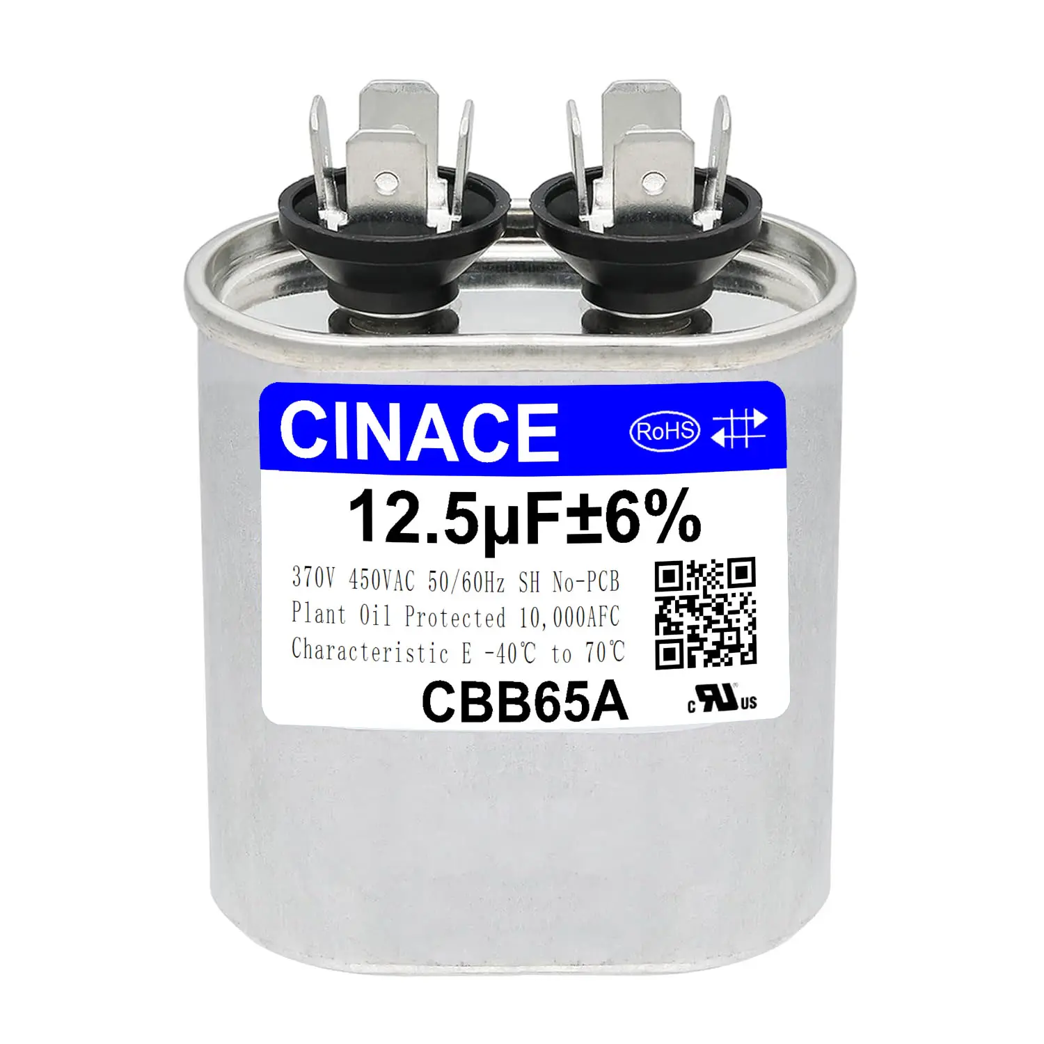 CINACE 12.5μF 12.5 MFD ±6% CBB65B Oval Dual Run Circular Start Capacitor, 370/450VAC 50/60Hz, AC Compressor & Fan Motor Capacitor for Air Conditioner, Condenser Straight Cool, Heat Pump, HVAC System, Ice Maker