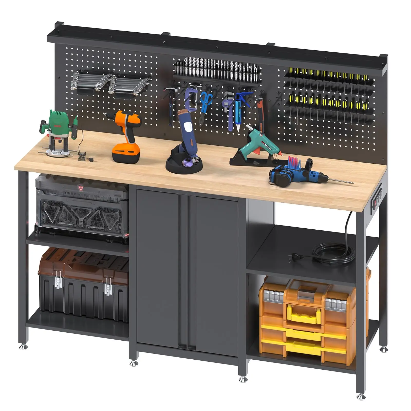 YODOLLA 2000 lbs Heavy-Duty Garage Workbench & Cabinet Storage System with Pegboards, Built-in Power Strip, Tool Organizer Racks & Hooks, 60"x19"x50", Black+Natural