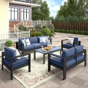 RoyalCraft 4/5 Pieces Outdoor Patio Furniture Set, Metal Patio Sectional Sofa Chair with Coffee Table, Outdoor Conversation Set with Water-Resistant Cushion for Porch, Backyard, Garden