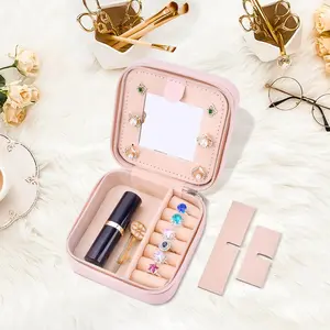 Pink Portable Jewelry Box with Mirror for Gift, Summer Stylish Sequin Decorated Letter Pattern Home Jewelry Organizer, Cute Zipper Jewelry Storage Tray for Women and Girls As Gift, Jewelry Case Room Accessories Travel Essentials, Multi Compartment Design