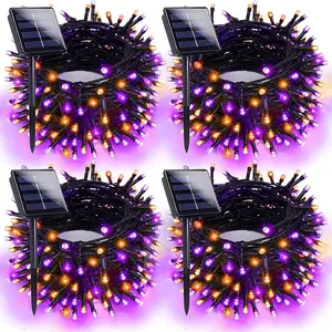 4pack Orange Purple Solar Halloween Lights Outdoor Waterproof IP65, 480LED 160FT Solar Powered LED String Lights Black Wire With 8 Modes, Solar Fairy Lights For Halloween Horror Party Tree Wedding Garden Decor